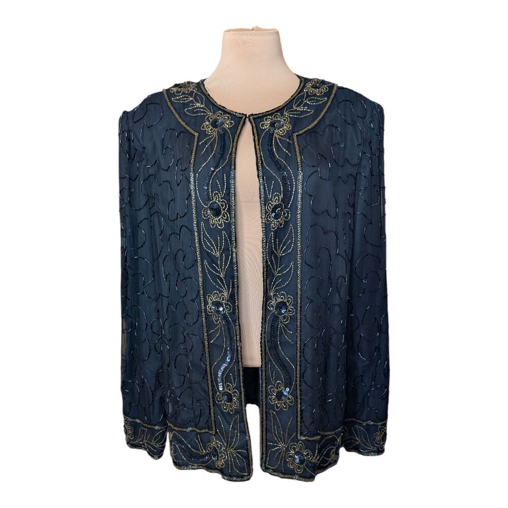 JMD New York Black Sequin Beaded Silk Elegant Dinner Evening Jacket Size Large